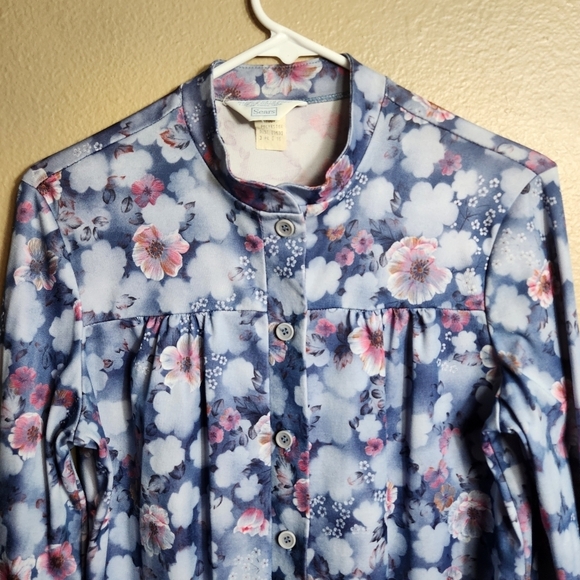 Sears Womens Vintage 70s Blue Floral Buttonfront Shirt-Size 16 - Picture 2 of 7